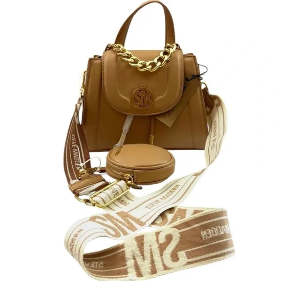 NWT Steve Madden Camel W/ Gold Chain Thick Strap Crossbody Bag - Picture 2 of 11